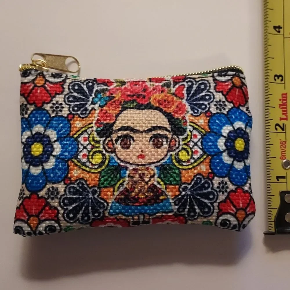 Frida Kahlo Coin Purse Colorful Floral Patterned Cosmetic Bag Zippered